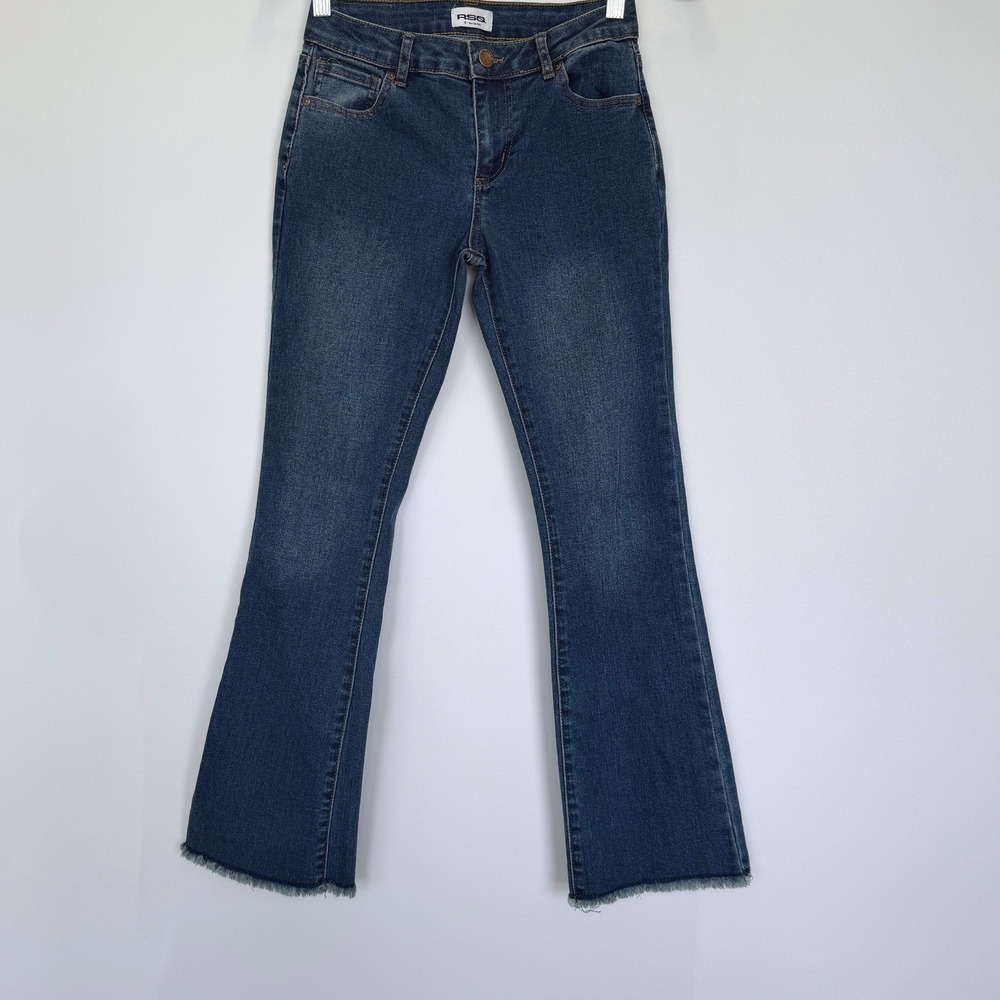 RSQ Girls Size 10 Low Rise Flare Jeans Medium Wash Blue Raw Hem Y2K Tillys